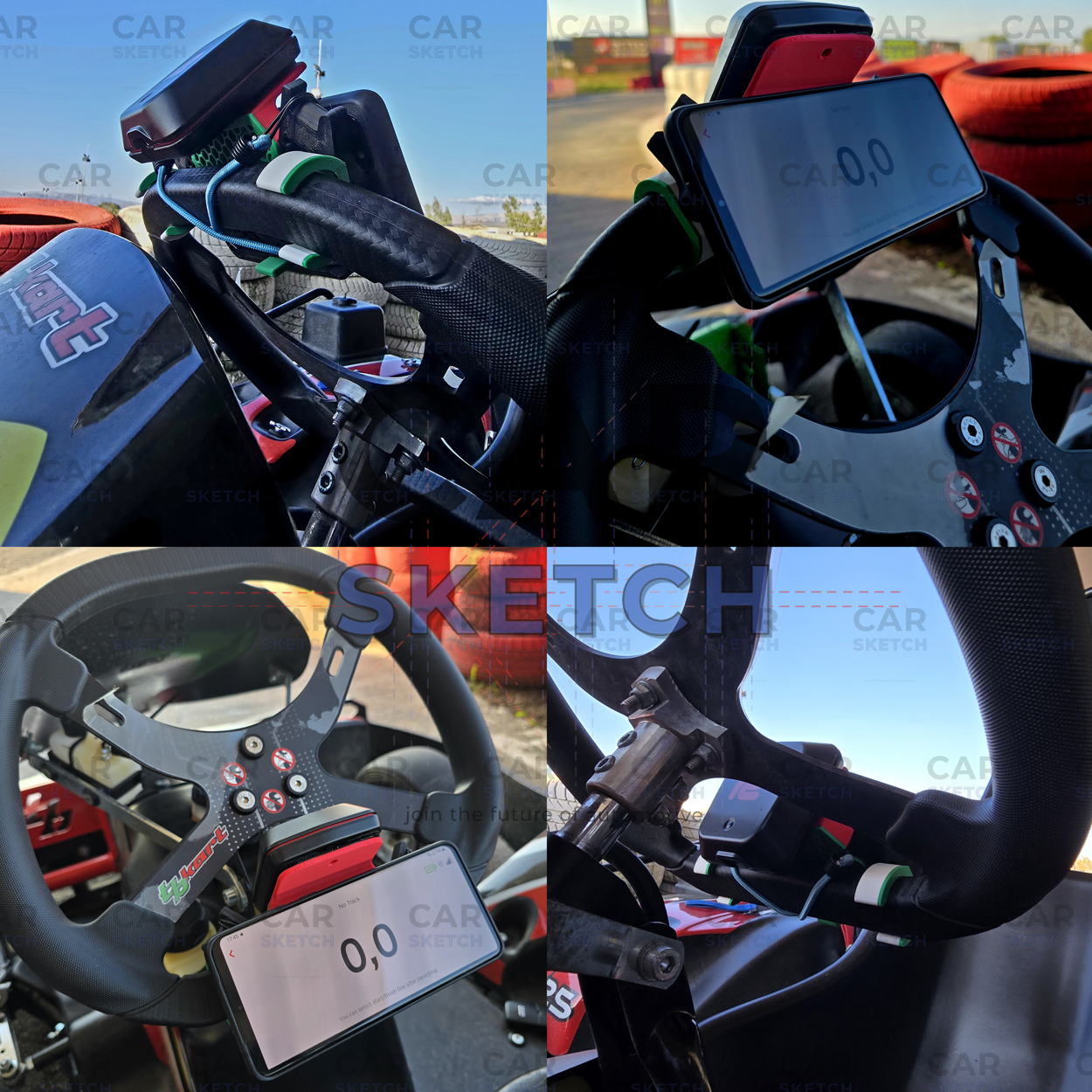Low-profile black phone mount installed on kart wheel