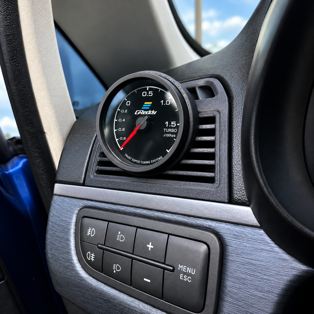 Installed CarSketch gauge pod with air passages around the gauge; gauge not included